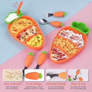 Assiette à repas en Silicone pour bébé, bol à carottes en acier inoxydable 304 fourchette cuillère vaisselle en Silicone ensemble d'alimentation pour bébé - Product Image 2