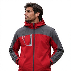 Veste polaire à capuche pour homme, rouge et grise, avec fermeture éclair, vêtement de sport d'extérieur, design coupe-vent pour l'automne - Product Image 1
