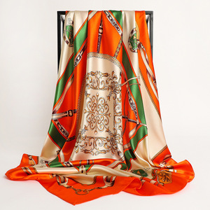Foulards en soie pour <span class=keywords><strong>cheveux</strong></span>, écharpe en satin 90*90cm, imprimé printemps, grand carré, marque de luxe, foulards pour femmes, hijab, bandeau - Product Image 4