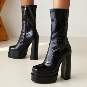 2021 Popular Double Layers Platform Shoes Ankle <b>Boots</b> Stone Print Handmade Women's Short Black Leather Big Size 43 - Product Image 3