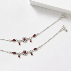 Tobillera de Plata 925 con Rubíes para Mujer, Joyería Étnica Tradicional Hecha a Mano, Ajustable, Par - Product Image 2