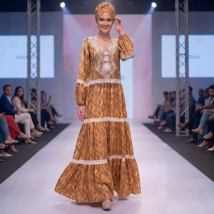 Vestido Maxi Africano Tradicional para Mujer, Ligero, Transpirable y Ecológico, con Estampado Floral Dorado y Ribete de Encaje, Estilo Bishop - Product Image 2