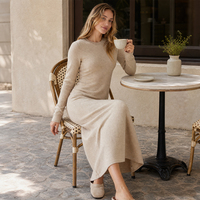 Robe longue en tricot de laine mélangée et cachemire pour femme, manches longues, col rond, longueur cheville, élégante, pour dormir, porter au quotidien ou se détendre, SOFT14