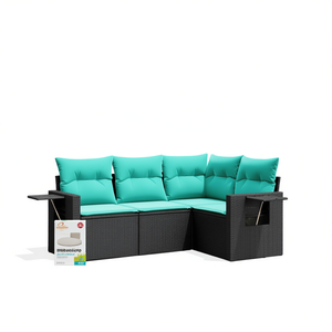 <b>Black</b> Pe Rattan Garden Sofa Set Powder Coated Steel <b>Frame</b> Outdoor Furniture 4 Seater - Product Image 1