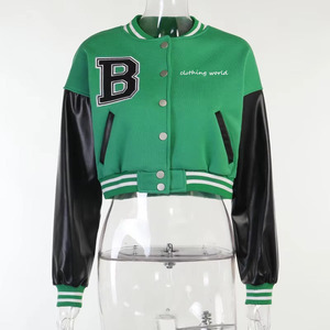 Women's Cropped Varsity Jacket Wool Blend Bomber Jacket <b>Button</b> Front Embroidered Letter Patchwork Winter Outerwear - Product Image 4