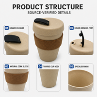Tasse à café de style japonais JUNVOY 350 ml enveloppée de liège ; Mug en paille de blé biodégradable avec couvercle réutilisable anti-fuite, multi-usages, 126 g