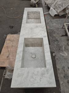SH STONE Natur weiß Marmor Arbeits platte Eitelkeit Moderne Wohnung Villa Badezimmer Kunden spezifische Doppel waschbecken Waschbecken Holz sockel - Product Image 6