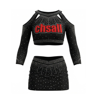 Uniforme de Animadoras Juveniles de Manga Larga con Cuello Alto y Pedrería, Traje de Animadoras de Spandex para Equipo