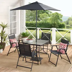 Ensemble de meubles de jardin d'extérieur pliants en acier 6 places Table et chaise de patio avec ensemble de parapluie