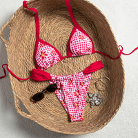 Set Bikini Mikro Thong Boho Wanita Motif Cheetah Gingham High Cut Seksi Lucu Baju Renang Grosir Custom Logo Swimwear
