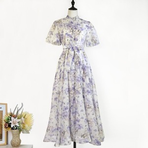Solid Chiffon Mini Dress High Neck Puff Sleeve A-Line Fitted Breathable Spring Formal Vintage Lace <b>Tight</b> Waist Casual - Product Image 2