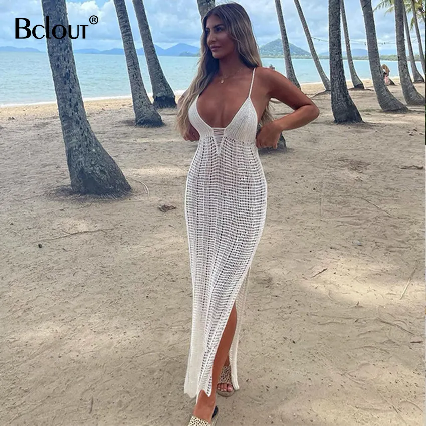 Bclout Women Summer Clothes Beach Wear Swim Suit Cover Up White Crochet Tunic Sexy Spaghetti Strap Hollow Out Bodycon Dress