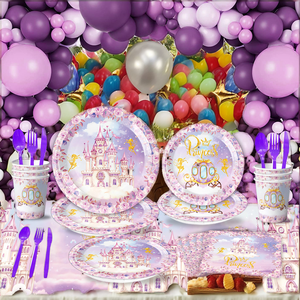 Vaisselle de fête sur le thème du château violet CHMH, 80-100 pièces, vaisselle en papier, décoration d'anniversaire - Product Image 2