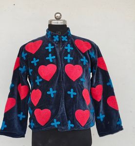 Velvet <b>Mandarin</b> <b>Collar</b> <b>Jacket</b> Women's Full Sleeve Red Heart Applique Pattern Autumn Zipper Closure Regular Length Women's <b>Jacket</b> - Product Image 3