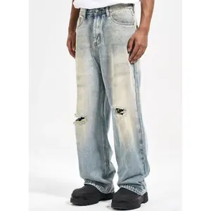 Etiqueta personalizada estoque de jeans largos para homens, fabricante de jeans largos empilhados em azul