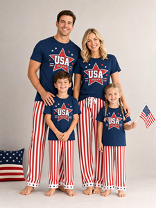 Pigiami Patriottici per la Famiglia per il 4 Luglio USA, Set Rosso <span class=keywords><strong>Bianco</strong></span> Blu con Stelle e Strisce, Abbigliamento da Notte Ecologico Primavera-Estate - Product Image 1