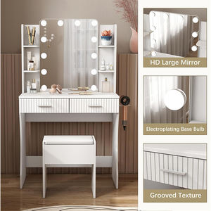 Tocador Pequeño para Dormitorio con Espejo y Luces, Mesa de Maquillaje Blanca con Estación de Carga, 2 Cajones y 4 Estantes Abiertos - Product Image 2