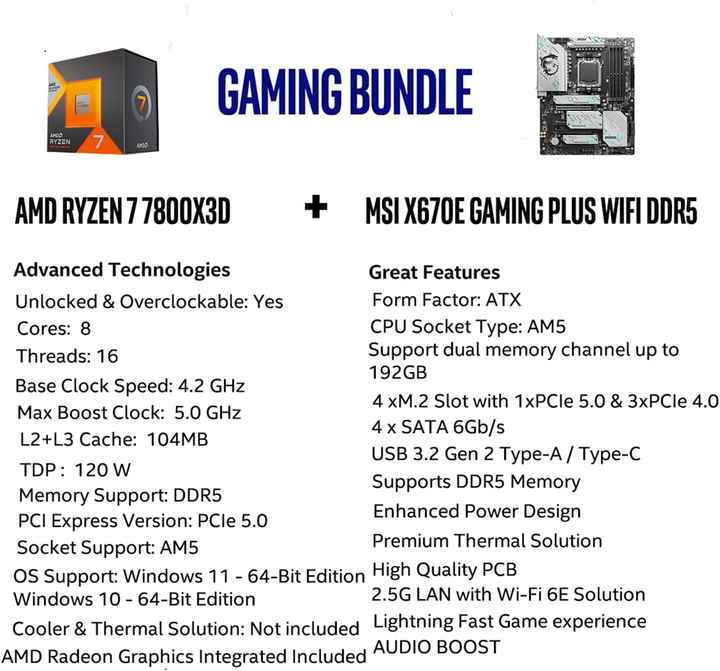 MSI X670E Gaming Plus Wifi Motherboard with AMD R7 7800X3D CPU