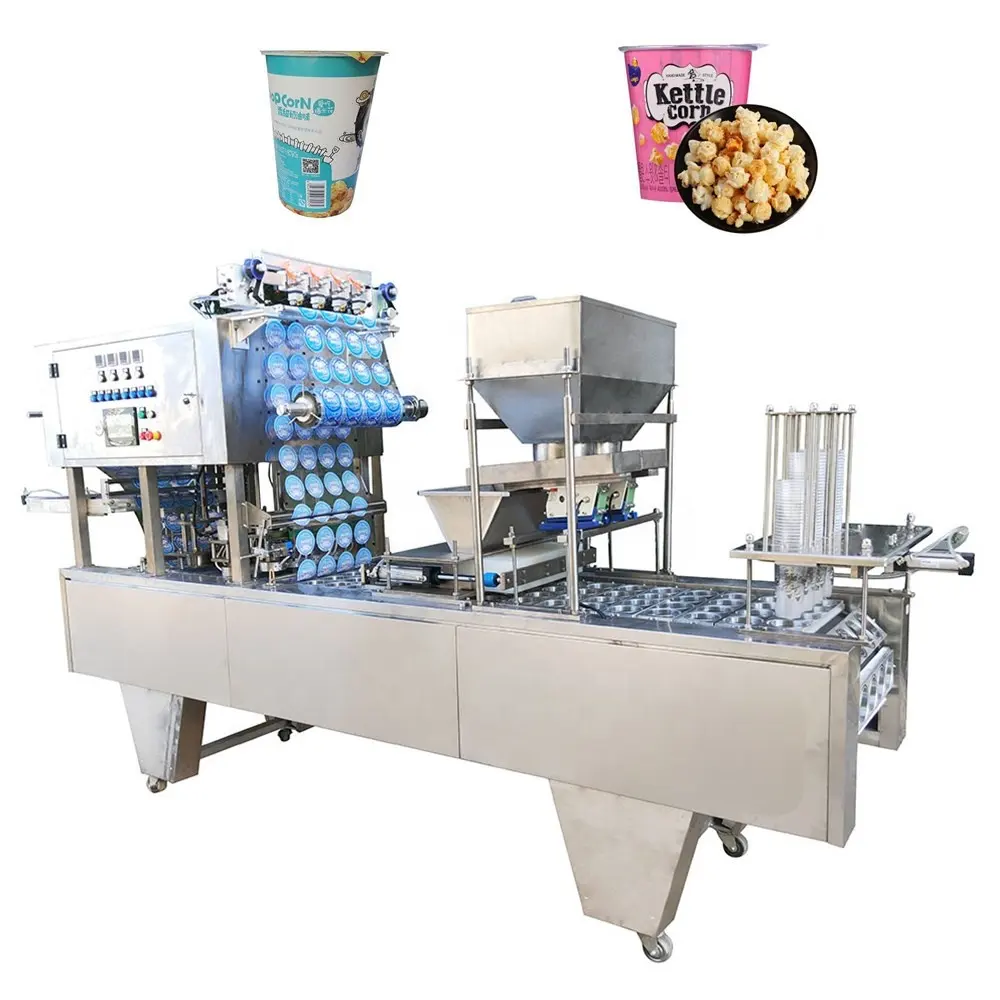 Máquina automática de llenado y sellado de cuencos y tazas de plástico para palomitas de maíz, aperitivos de arroz inflados, alimentos sólidos
