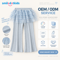 Pantalon évasé personnalisé Smiledotkids pour enfants, bleu clair, en tulle, avec taille à volants, tricot côtelé, OEM ODM, pour petites filles, vente en gros