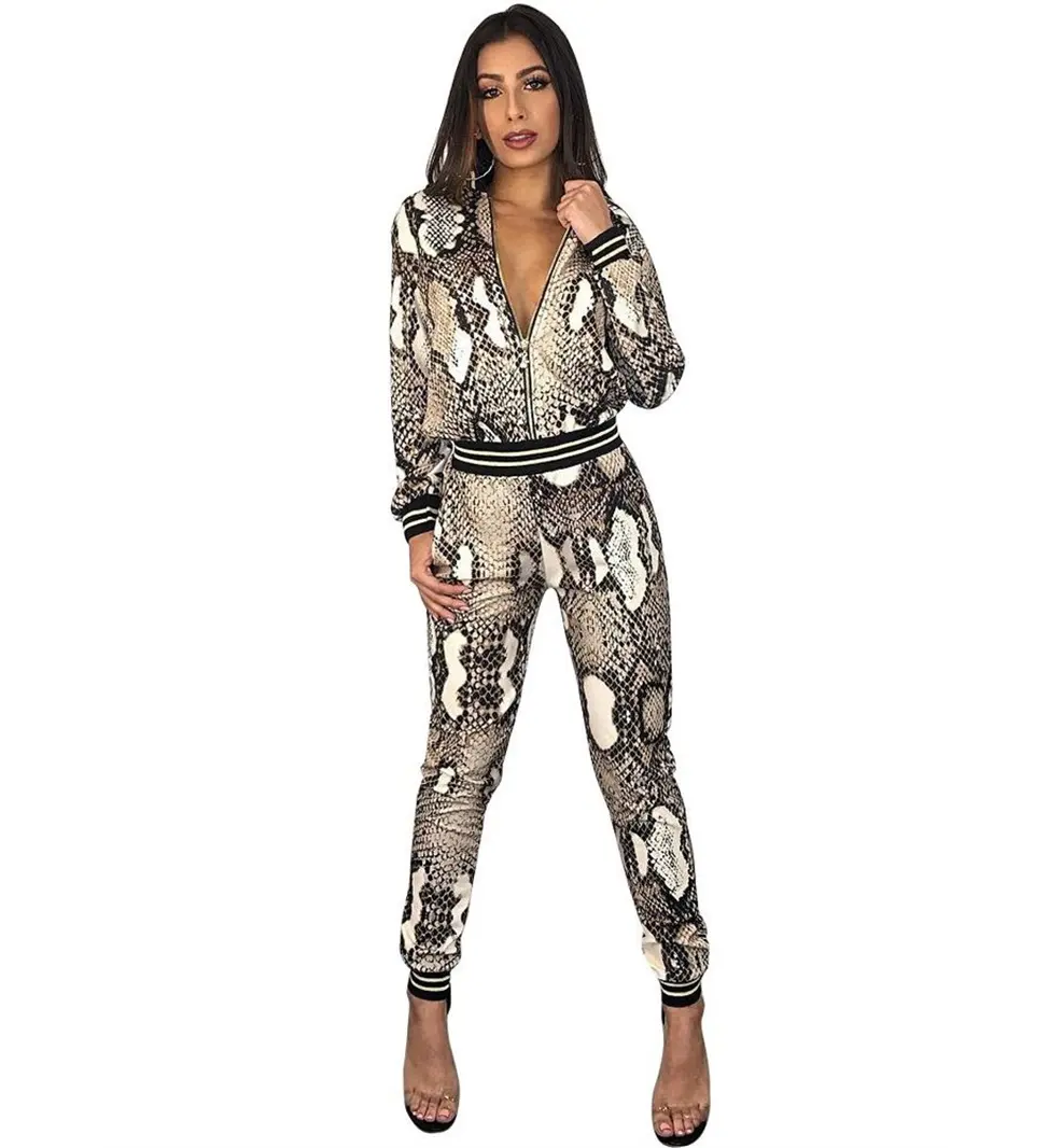 fall 2023 new arrivals luxury snake print lady women two 2 zip up jacket and leggings pants set women casual clothing for women