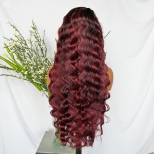 Pelucas sintéticas Kemy Hair Burg Highlight con frontal de encaje, ondas profundas, rizos largos tipo huevo, ondas sueltas, fibra sintética resistente al calor para mujer - Product Image 2