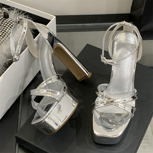 Sandalias de tacón grueso plateadas de plataforma alta para mujer, con punta cerrada y tacón cuadrado, estilo Mary Jane sexy, transpirables para verano, ideales para bodas y fiestas. - Product Image 1