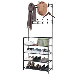 <span class=keywords><strong>Perchero</strong></span> de entrada con banco para zapatos, diseño 3 en 1, estante de almacenamiento metálico con espacio para bolsos, abrigos, sombreros y paraguas - Product Image 1