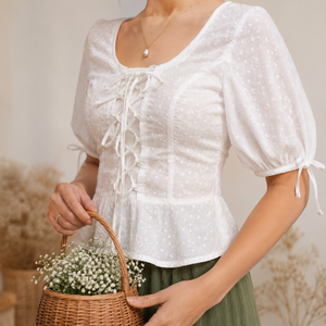 Wholesale Women's White Dot Print Cotton Blouse With <b>Balloon</b> Sleeves V-Neck Ruffles Prairie Chic Style Spring Summer Casual Top - Product Image 4