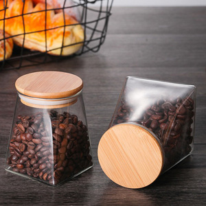 Glass <b>Storage</b> Jar Square Wooden Lid Coffee Bean Container <b>Kitchen</b> Organizer - Product Image 1