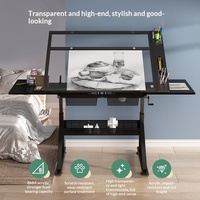Bureau d'atelier réglable en hauteur avec éclairage pour dessin, conception graphique et informatique, en verre noir