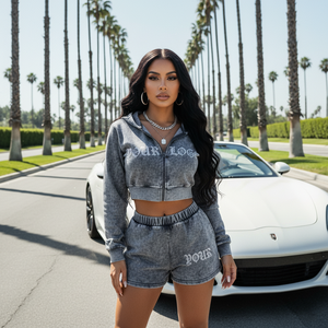 Fabricant de vêtements de détente sur mesure avec embellissement en diamant, veste zippée courte et short, vêtements de rue, survêtement lavé - Product Image 2