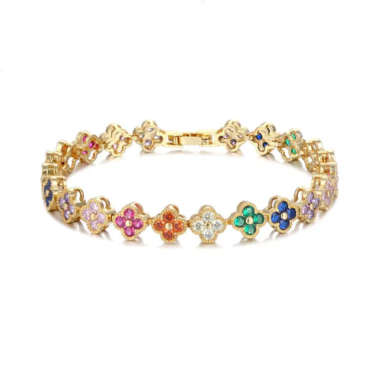 Di alta qualità 18k oro quadrifoglio zircone collana bracciale donna stile classico gioiello da sposa fiore colorato