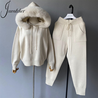 Ensemble 2 pièces personnalisé Jxwatcher : Pull en laine tricoté avec col en vraie fourrure de renard, pantalon long et sweat à capuche en laine pour femme