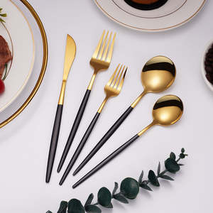 Cubiertos DE BODA portugueses nórdicos, cubiertos con mango negro, tenedor, cuchillo, cuchara, juego de cubiertos dorados de acero inoxidable - Product Image 1