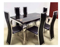 Table à manger rectangulaire moderne en marbre avec ensemble de chaises de salle à manger en acier inoxydable et cuir PU noir pour cuisine, hôtel, salle de banquet