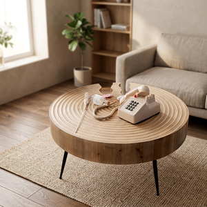 Mesa de Centro Redonda Moderna de Madera con Patas de Metal, Diseño Artesanal de Mediados de Siglo para Muebles de Sala - Product Image 2