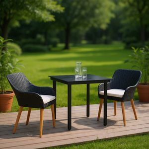 Set da Pranzo da Giardino in Polyrattan Nero con Cuscini, 2 Posti, Arredamento da Esterno Stile Contemporaneo con Gambe in Legno Massello - Product Image 2