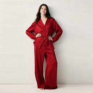 <b>Women's</b> Customized Color Elegant <b>Satin</b> Pajama Set Long Sleeves Breathable <b>Satin</b> Elastic Waist Closure Solid Pattern <b>Pyjama</b> Set - Product Image 2