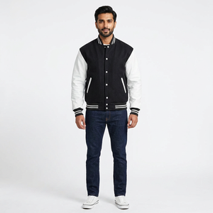 FINER THREADS Men's Winter Genuine <b>Leather</b> Varsity Jacket Stand Collar Front Embroidery Logo Patches Breathable Fabric - Product Image 1