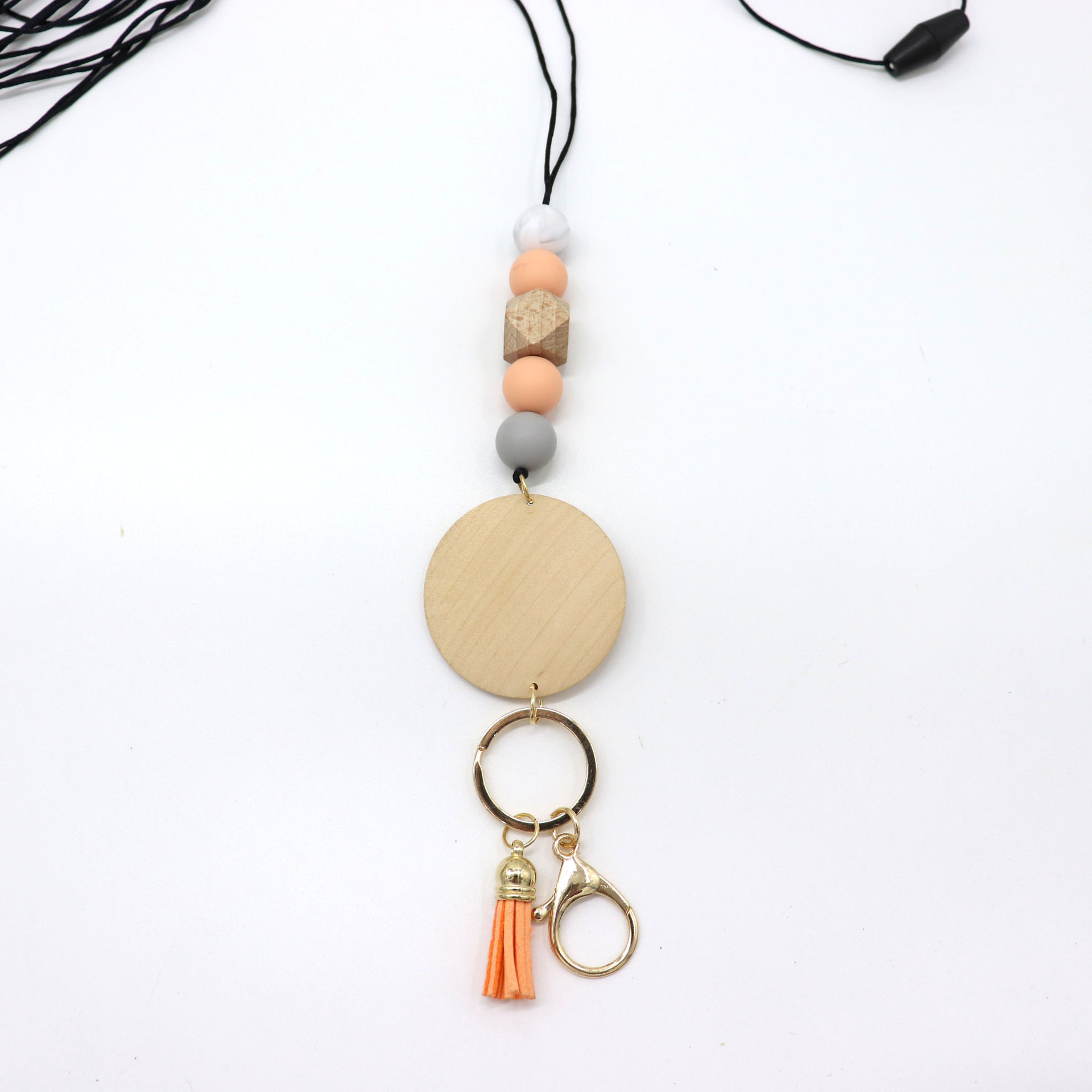 Wholesale Silicone Beads Lanyard Monogram Wooden Disc Tassel Pendant Necklace Teacher ID Badge Beaded Lanyard Image 2