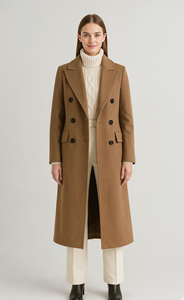 Manteau long élégant en laine de chameau pour femme, double boutonnage, coupe ajustée, vêtement d'extérieur haut de gamme pour l'hiver - Product Image 2