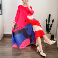 Robe plissée décontractée pour femme, style Miyake, imprimé artistique abstrait, manches 3/4, coupe trapèze, très extensible, vente en gros