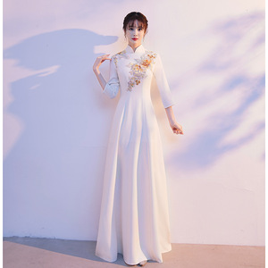 Chinese Style Cheongsam Long Dress Light Champagne Polyester Banquet Evening Gown Women's Traditional Formal Wear - Product Image 3