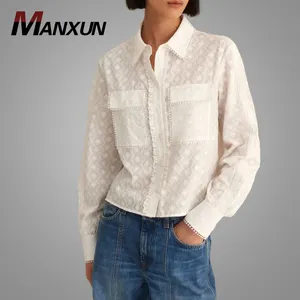 控えめな刺Embroidered長袖女性シャツ美しいパターンポケットスタイルトップスオンライン