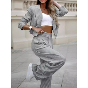 Ensemble de costume rayé pour femme, blazer gris à fines rayures et pantalon large, tailles S M L XL XXL, tenue décontractée pour le bureau - Product Image 1