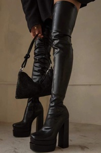 Bottes d'hiver tendance pour femmes, confortables, noires, au-dessus du genou, en cuir verni PU, talons hauts, fermeture éclair, plateforme, taille 43 - Product Image 5