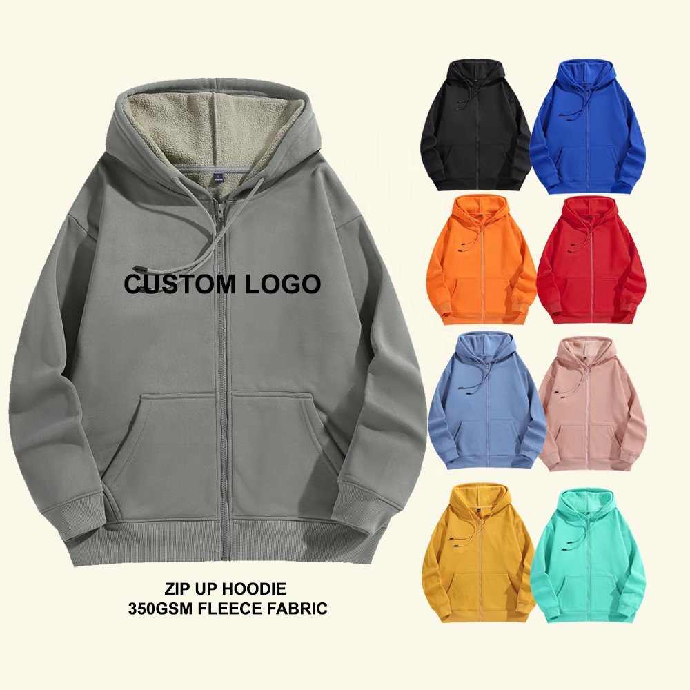 Unisex Tùy Chỉnh 350GSM Trống Đầy Đủ Zip up Áo Lông Cừu Quá Khổ Nặng Mùa Đông Ấm Zip up Hoodie Puff In Ấn Zip up Áo