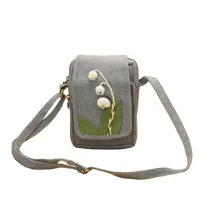 Fashionable Cute One-Shoulder Cotton Hemp Crossbody Bag with Swan and Cartoon Printing Zero Wallet Phone Holder for Messengers