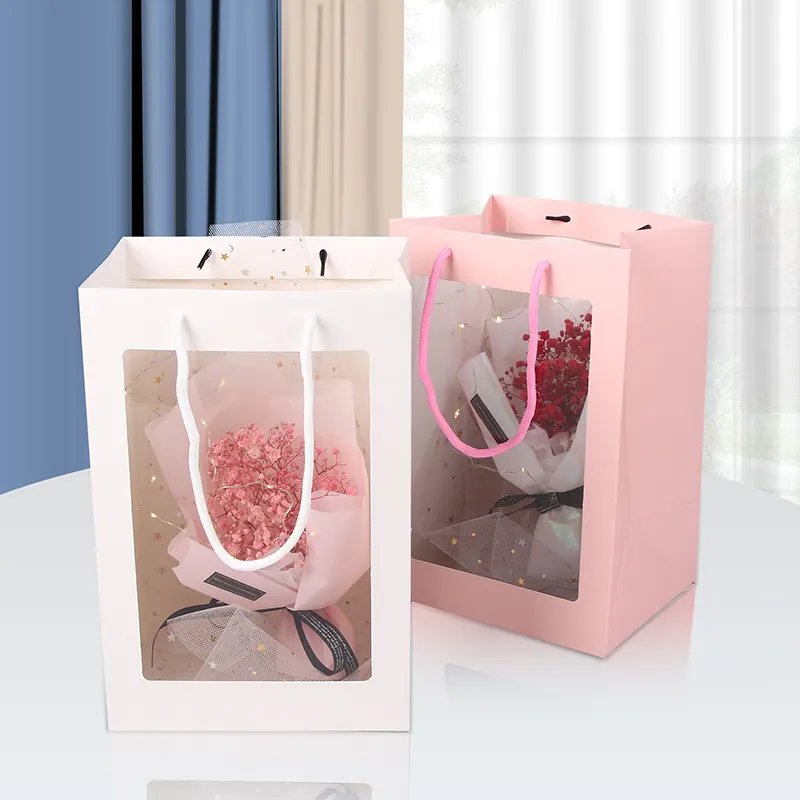 2023 Hot Sale Transparent Clear Window Hanging Single Flower Gift Packaging Box Shopping Handbags Mini Paper Bags Customized